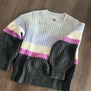 Cozy Colorblock Crewneck Sweater - Gray, Cream & Pink
